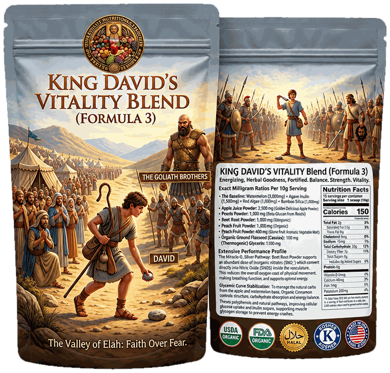 King David’s Vitality Blend (Formula 3) pouch, front and back: David facing Goliath in the Valley of Elah