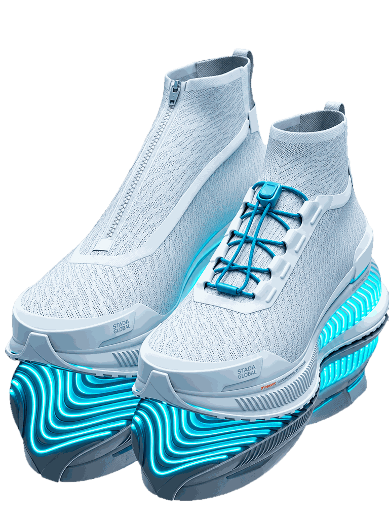 STADIA Space Boot in Ocean Blue, zip-close and speed-lace versions: white knit with blue laces and a glowing blue sole